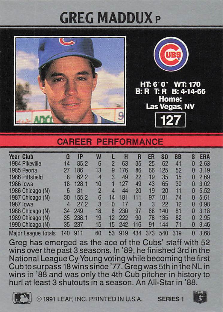 1991 Leaf Baseball Greg Maddux #127