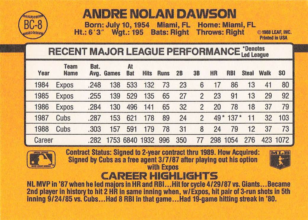 1989 Donruss Baseball Bonus MVP's Andre Dawson #BC-8d