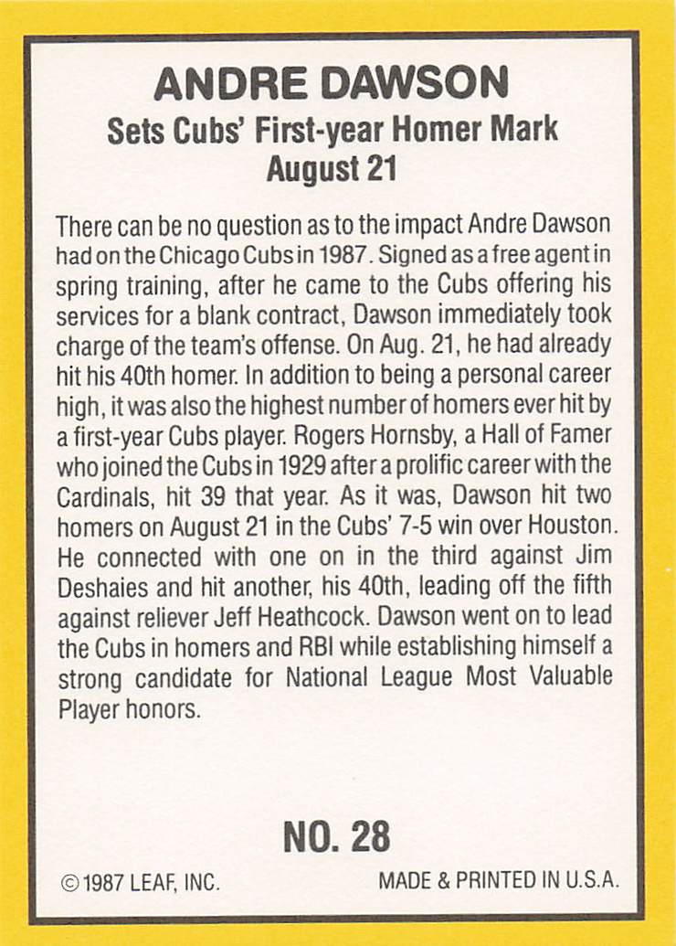 1987 Donruss Highlights Baseball Andre Dawson #28