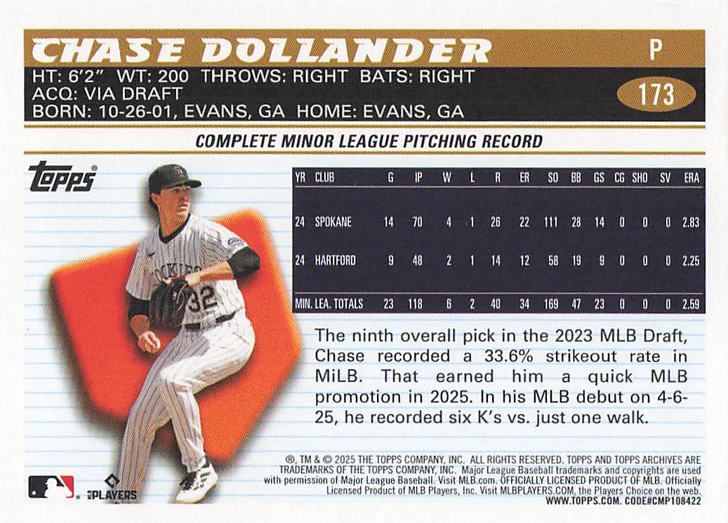2025 Topps Archives Baseball Chase Dollander #173 Rookie