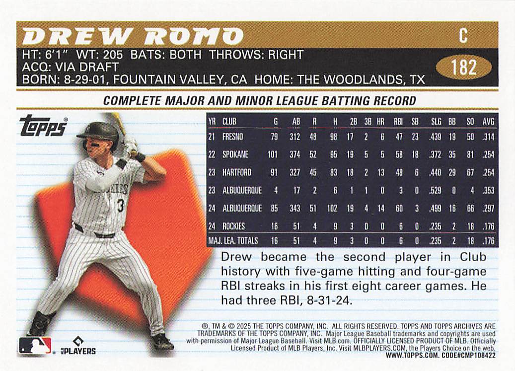 2025 Topps Archives Baseball Drew Romo #182 Rookie