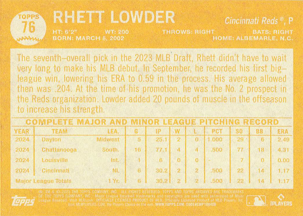 2025 Topps Archives Baseball Rhett Lowder #76 Rookie