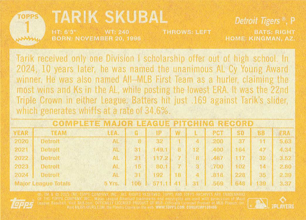 2025 Topps Archives Baseball Tarik Skubal #1