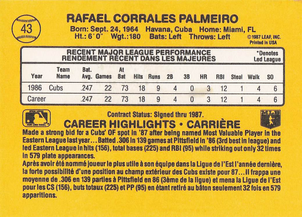 1987 Donruss Baseball Rafael Palmeiro #43 Rookie