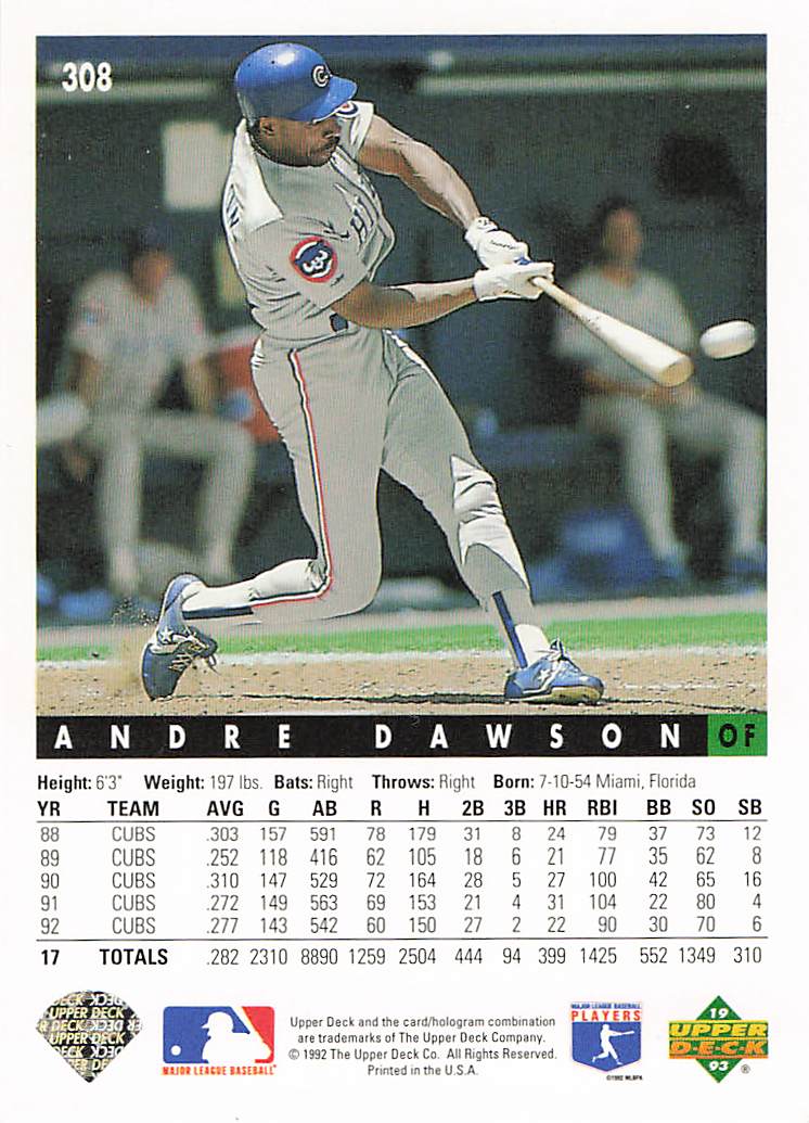 1993 Upper Deck Baseball Andre Dawson #308
