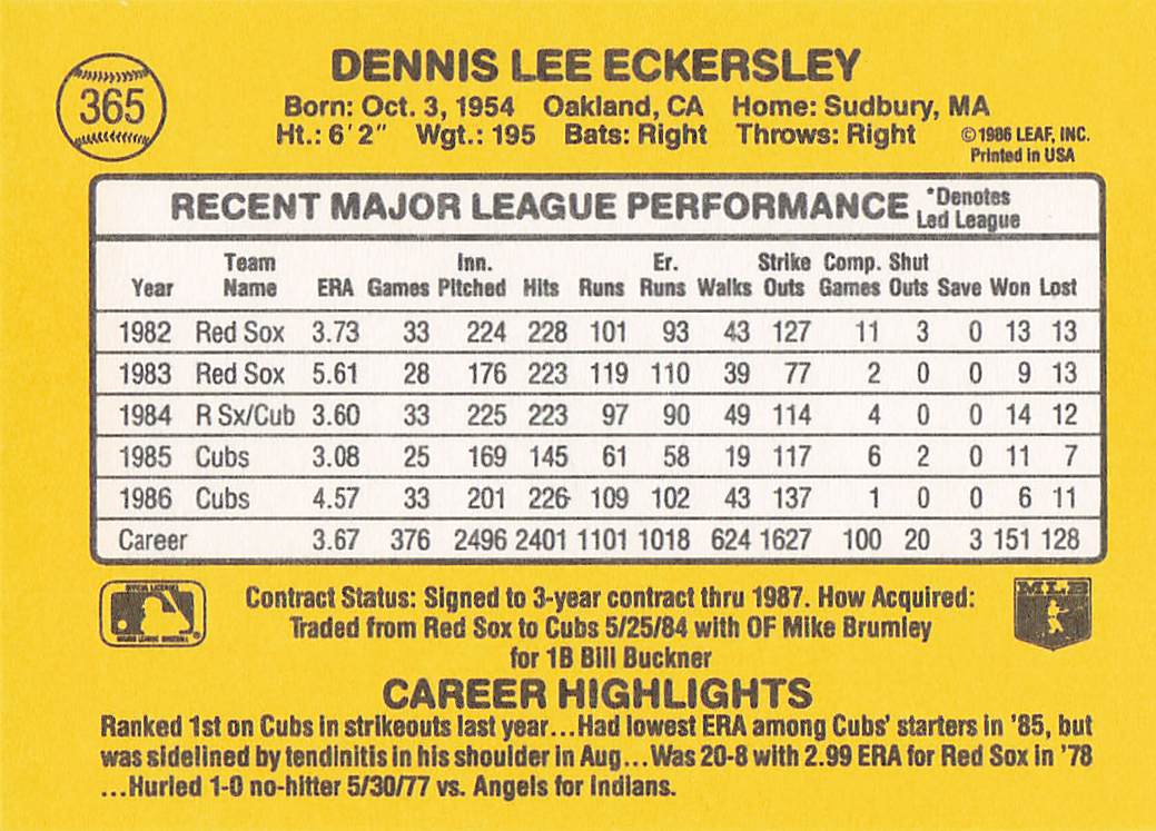1987 Donruss Baseball Dennis Eckersley #365