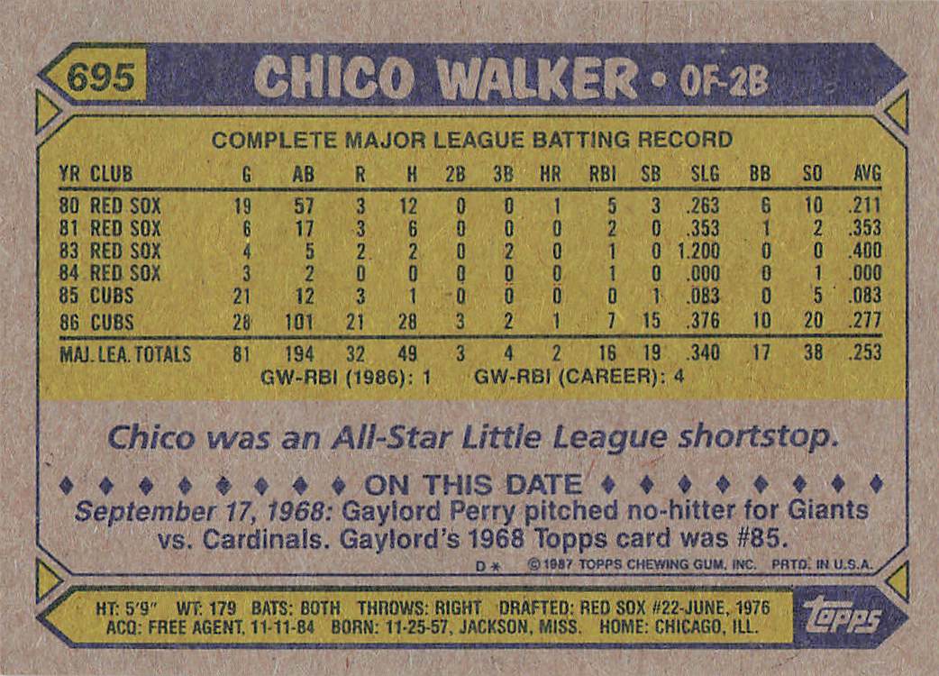 1987 Topps Baseball Chico Walker #695 Rookie