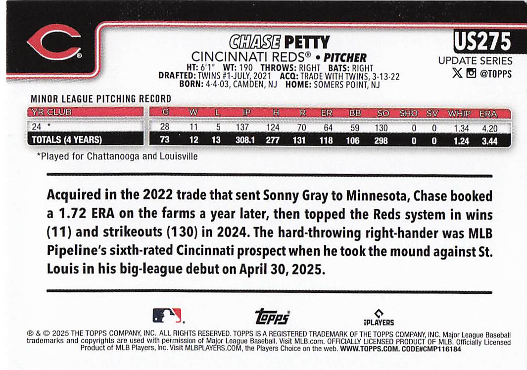 2025 Topps Update Baseball Chase Petty #US275 Rookie