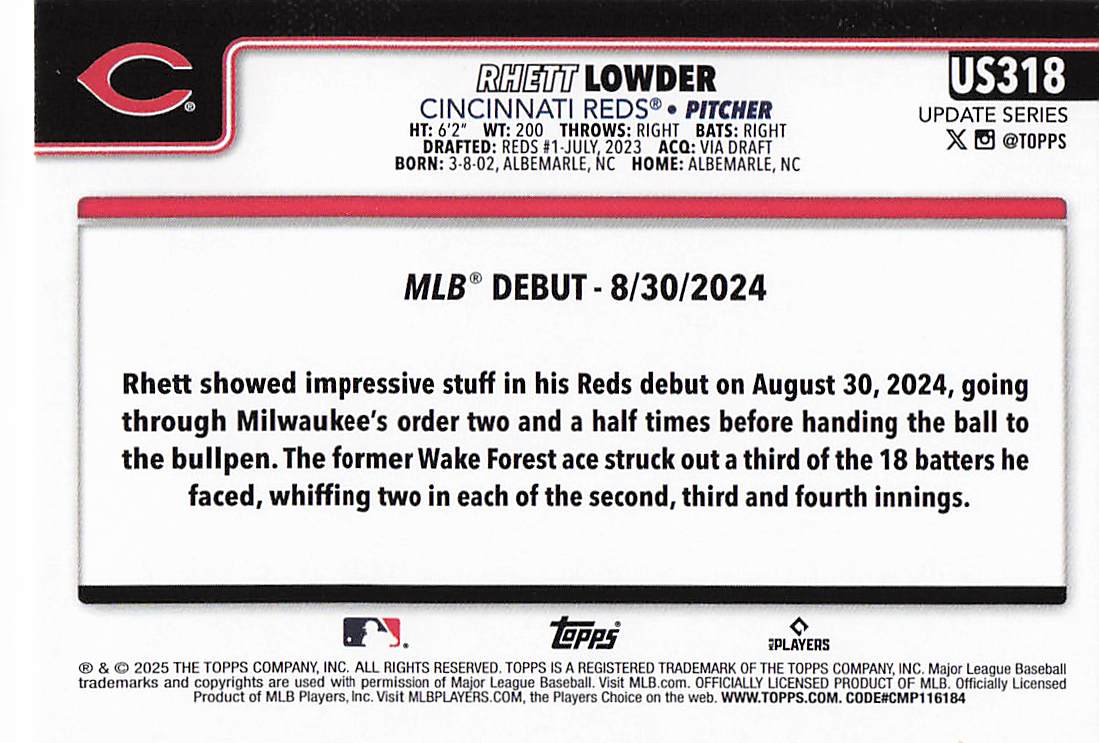 2025 Topps Update Baseball Rhett Lowder #US318