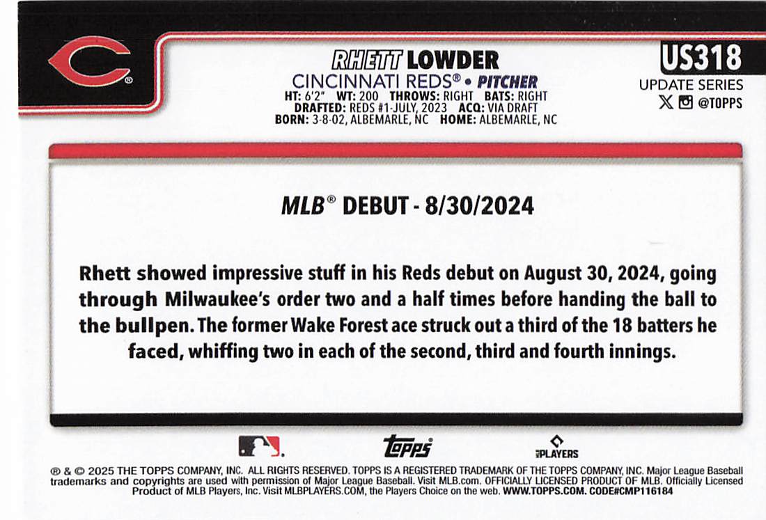 2025 Topps Update Baseball Sandglitter Rhett Lowder #US318