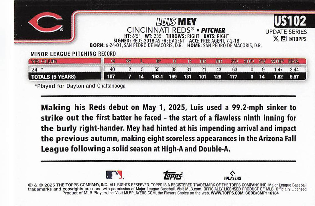2025 Topps Update Baseball Luis Mey #US102 Rookie