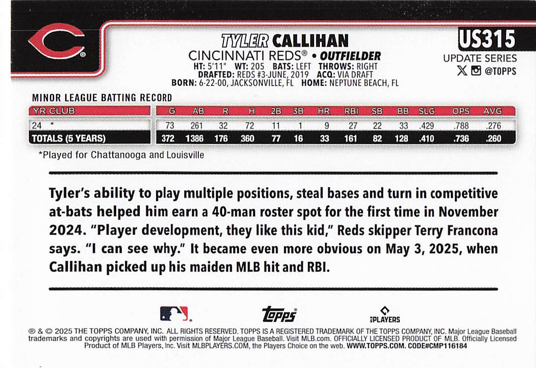 2025 Topps Update Baseball Tyler Callihan #US315 Rookie