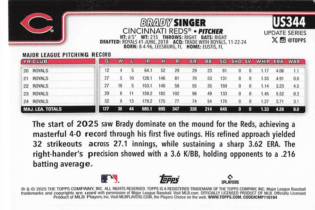 2025 Topps Update Baseball Brady Singer #US344