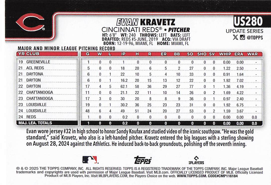 2025 Topps Update Baseball Evan Kravetz #US280 Rookie