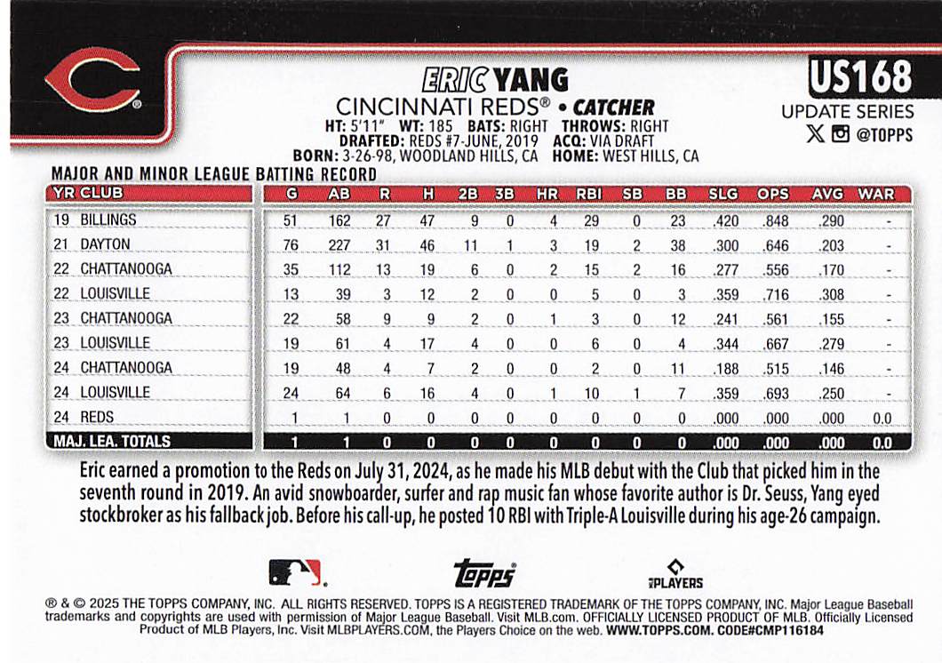 2025 Topps Update Baseball Eric Yang #US168 Rookie