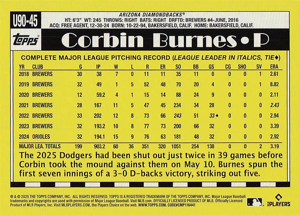 2025 Topps Update Baseball 1990 Topps Corbin Burnes #U90-45