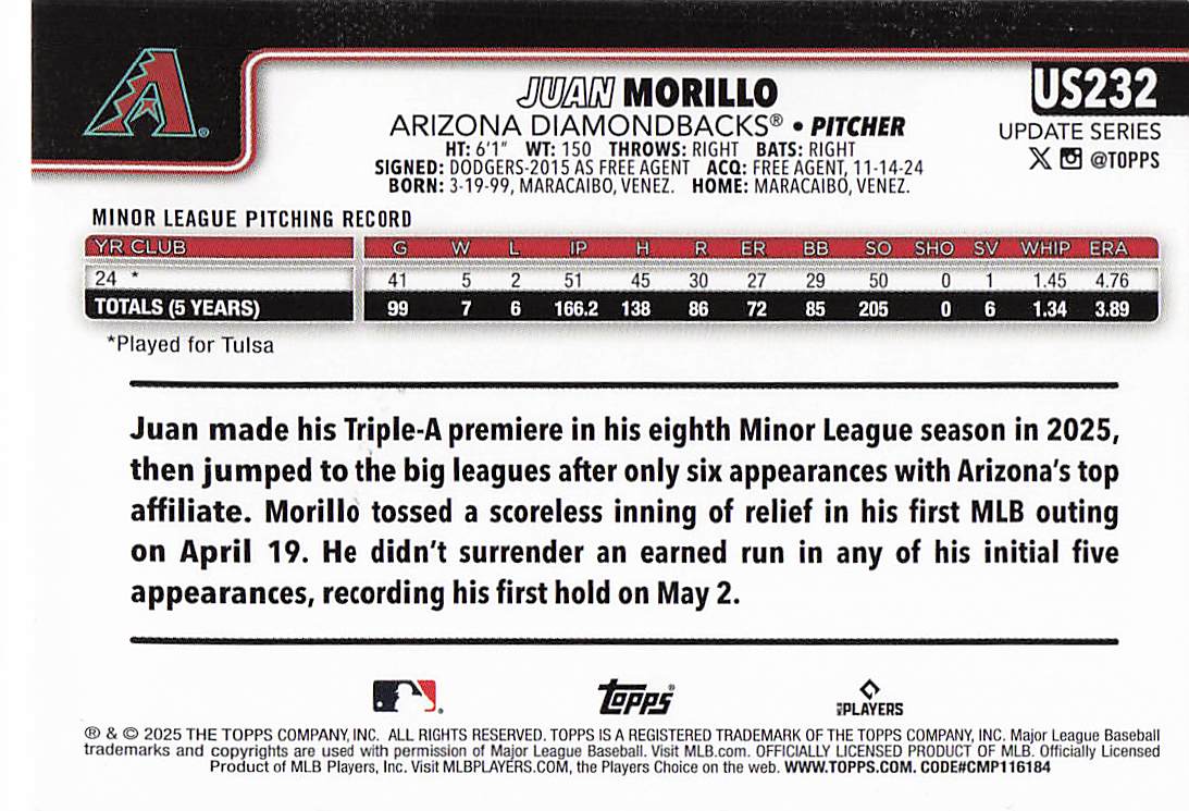 2025 Topps Update Baseball Juan Morillo #US232 Rookie