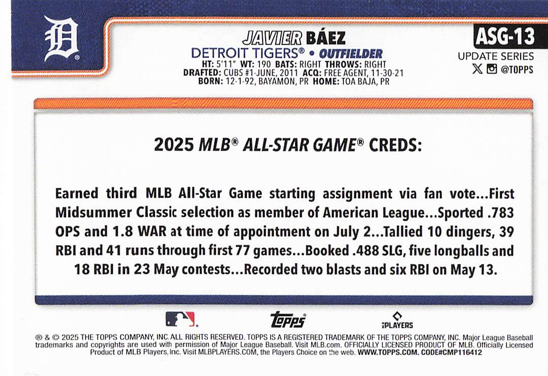 2025 Topps Chrome Update Baseball 2025 All-Star Game Javier Báez #ASGC-7