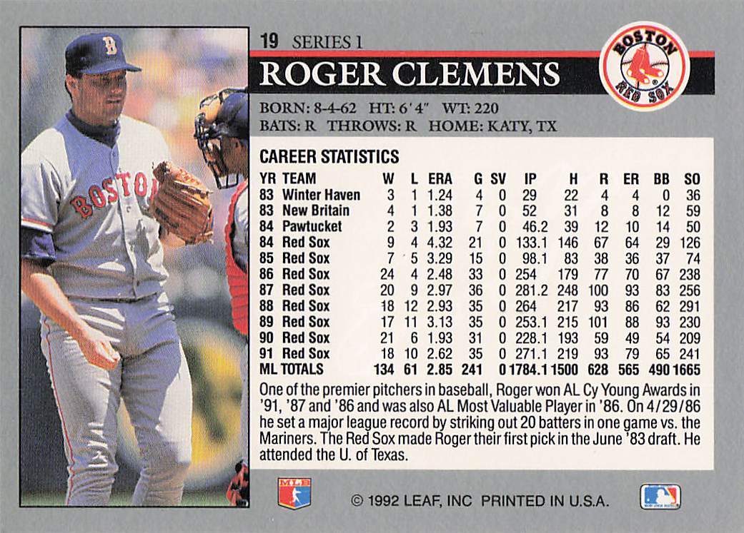 1992 Leaf Baseball Roger Clemens #19