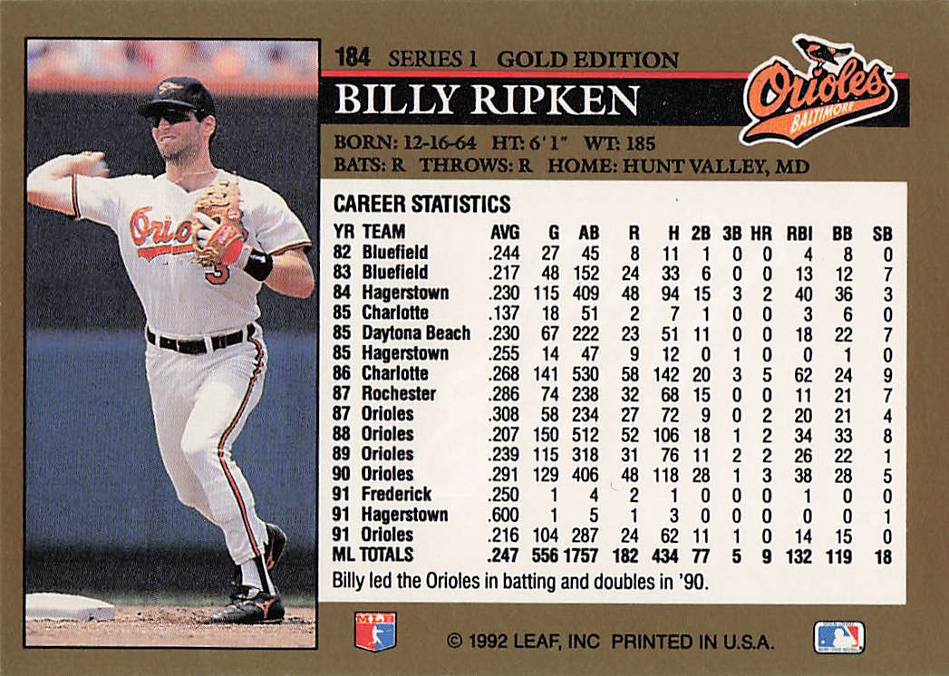 1992 Leaf Baseball Black Gold Billy Ripken #184