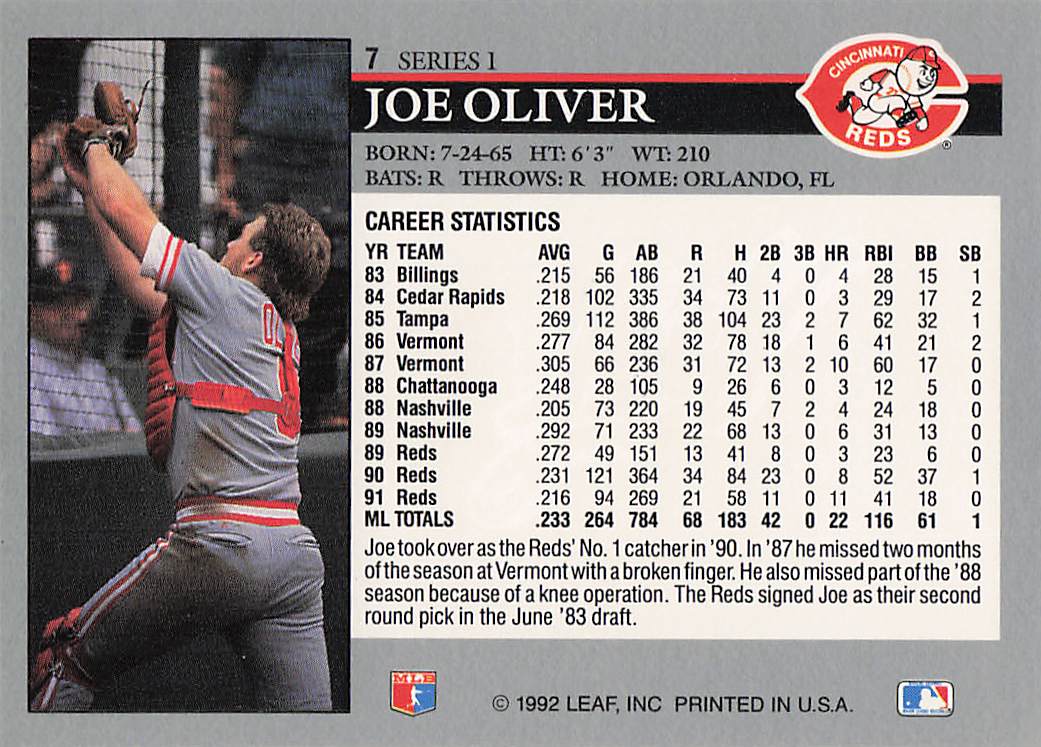 1992 Leaf Baseball Joe Oliver #7