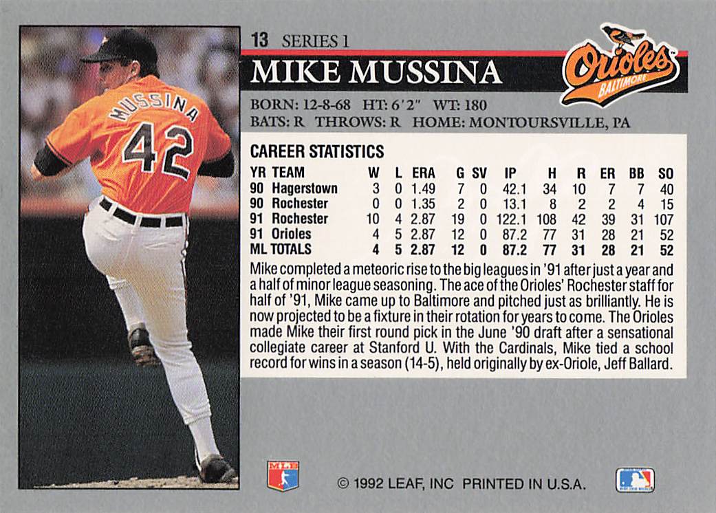1992 Leaf Baseball Mike Mussina #13