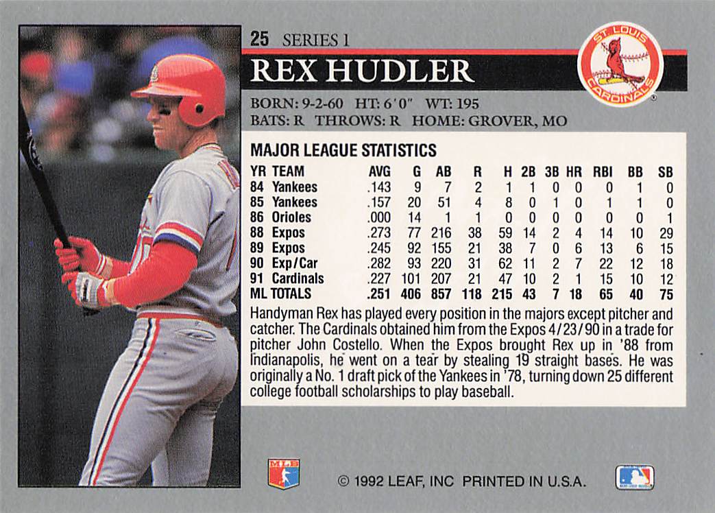 1992 Leaf Baseball Rex Hudler #25