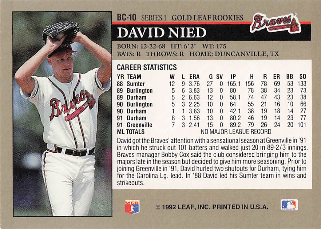 1992 Leaf Baseball Gold Rookies David Nied #BC-10