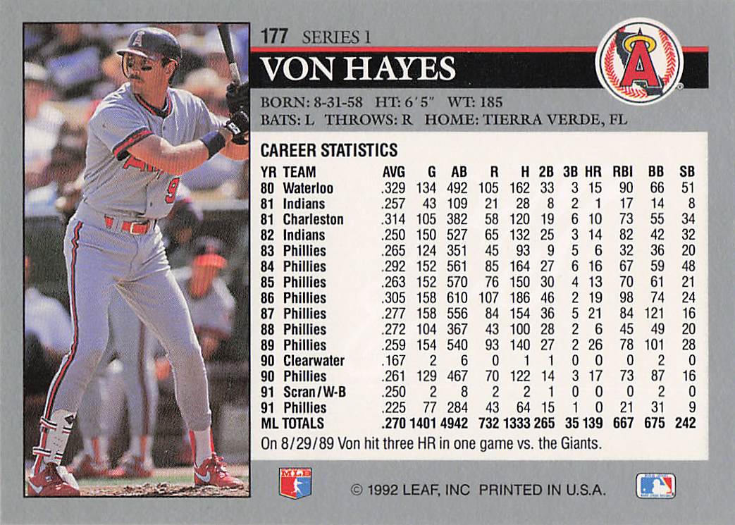1992 Leaf Baseball Von Hayes #177