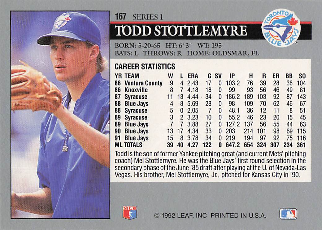 1992 Leaf Baseball Todd Stottlemyre #167