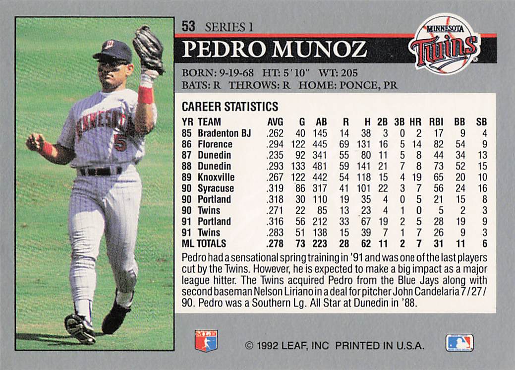 1992 Leaf Baseball Pedro Munoz #53