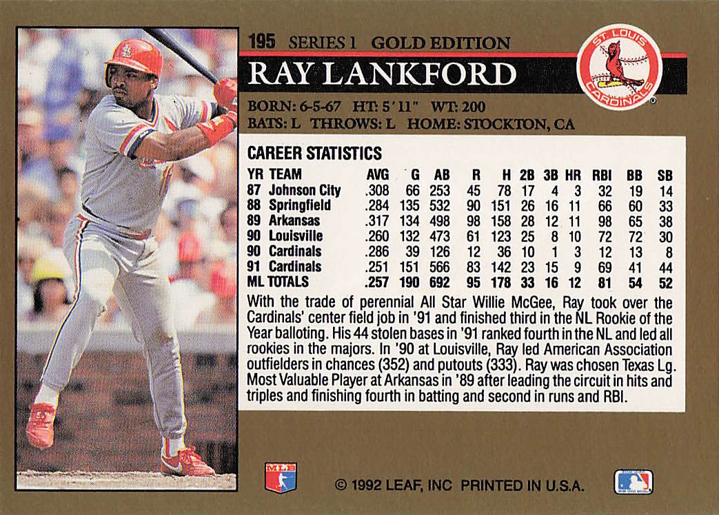 1992 Leaf Baseball Black Gold Ray Lankford #195