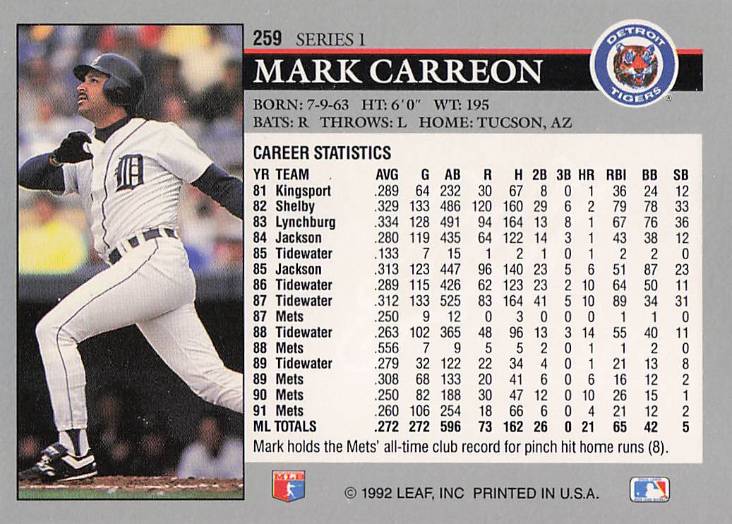 1992 Leaf Baseball Mark Carreon #259
