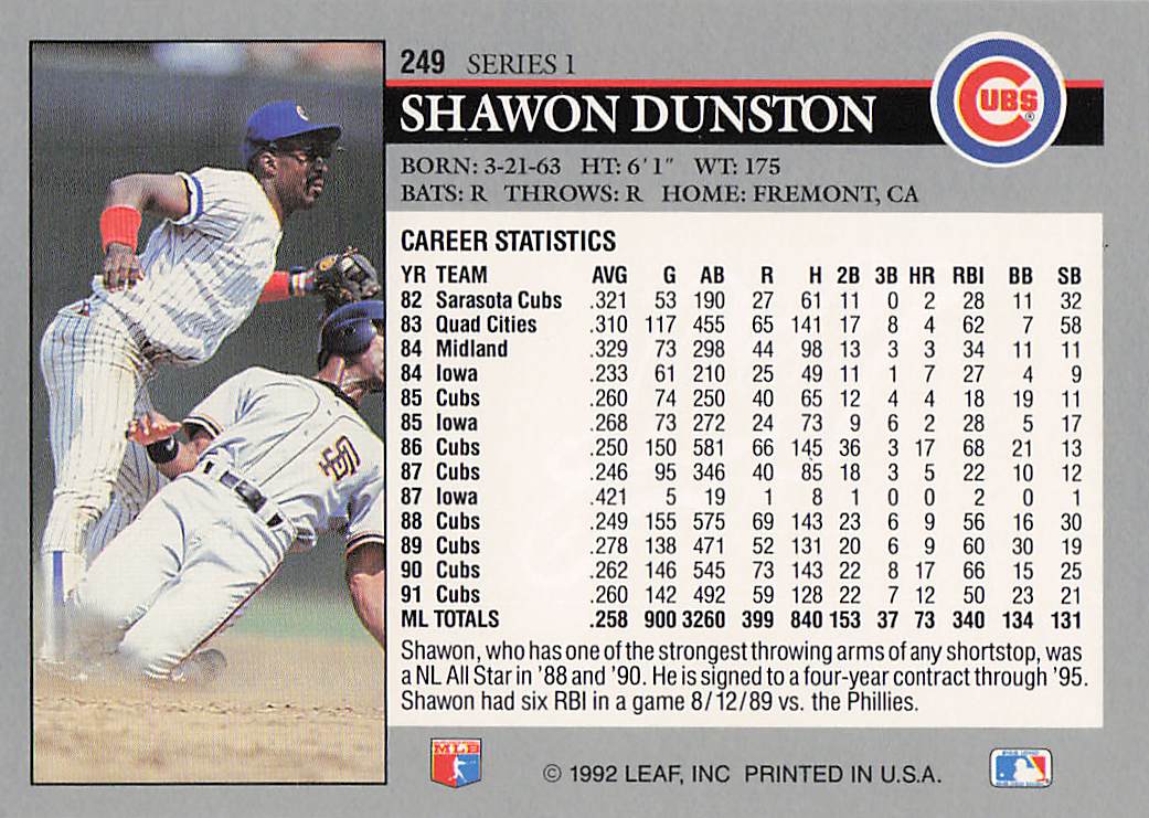 1992 Leaf Baseball Shawon Dunston #249