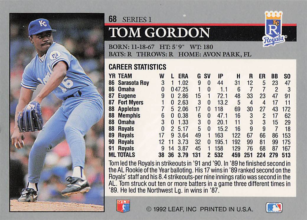 1992 Leaf Baseball Tom Gordon #68