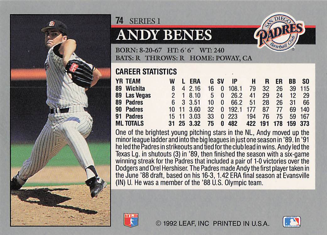 1992 Leaf Baseball Andy Benes #74