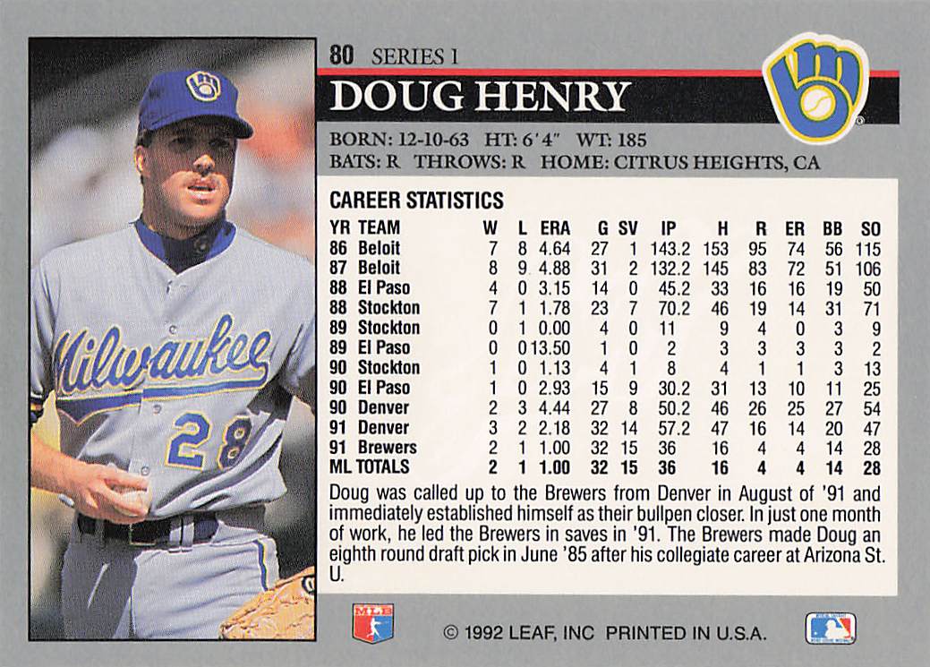 1992 Leaf Baseball Doug Henry #80 Rookie