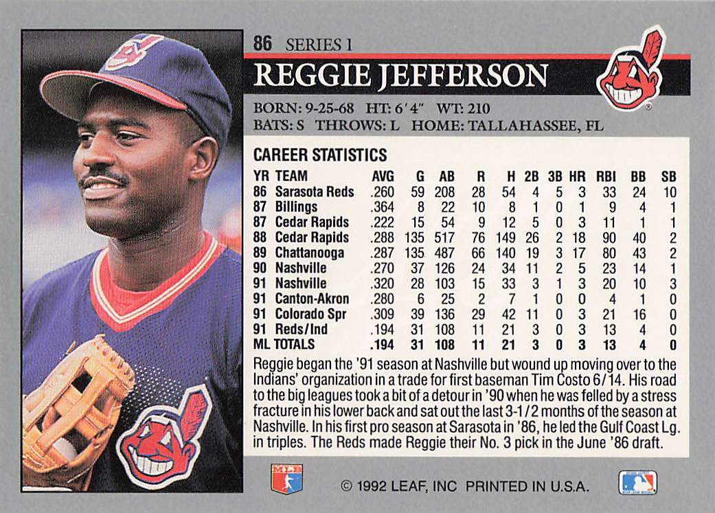 1992 Leaf Baseball Reggie Jefferson #86