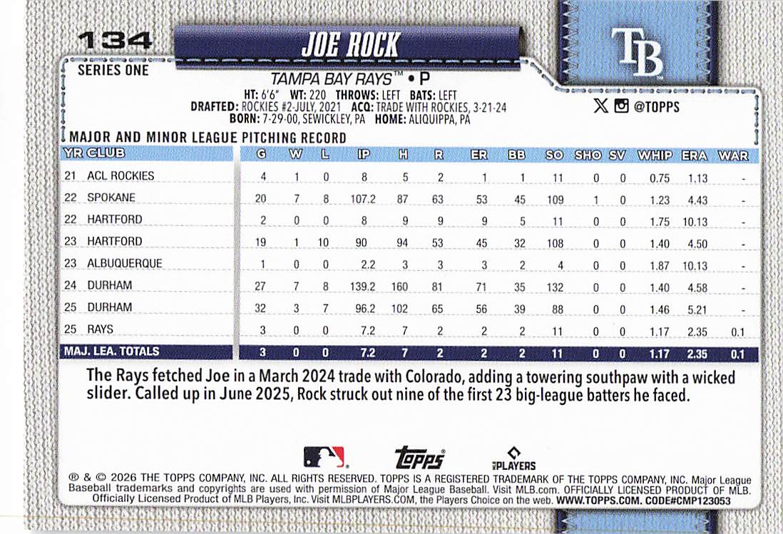 2026 Topps Baseball Sandglitter Joe Rock #134 Rookie