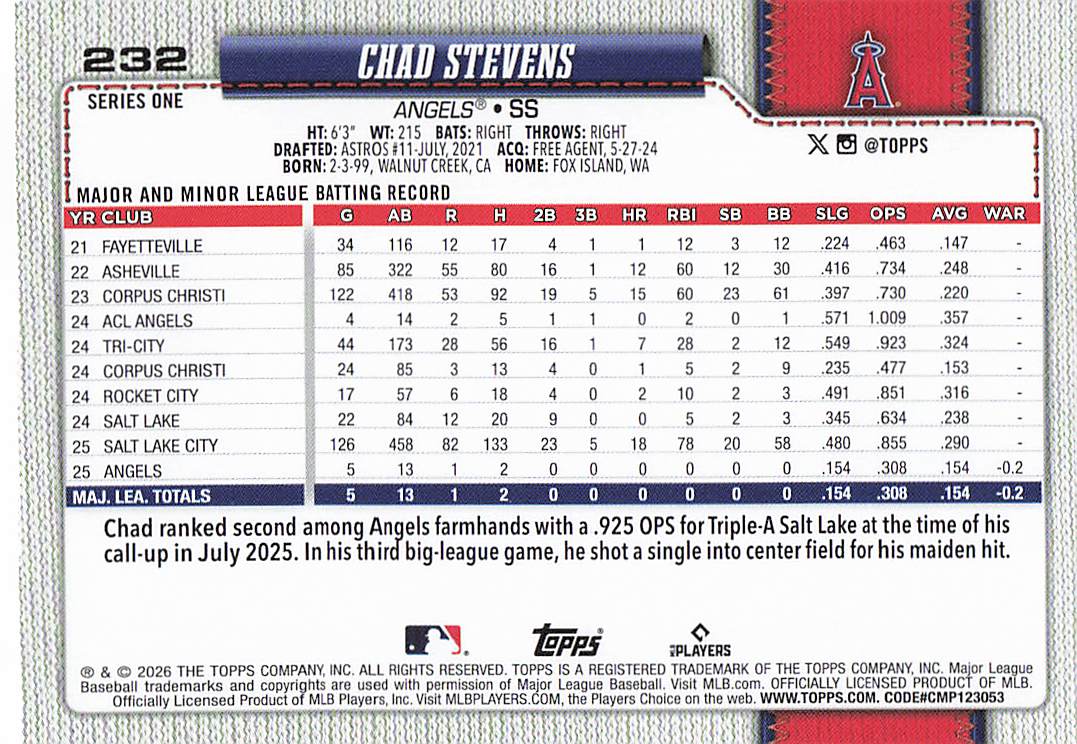 2026 Topps Baseball Chad Stevens #232 Rookie