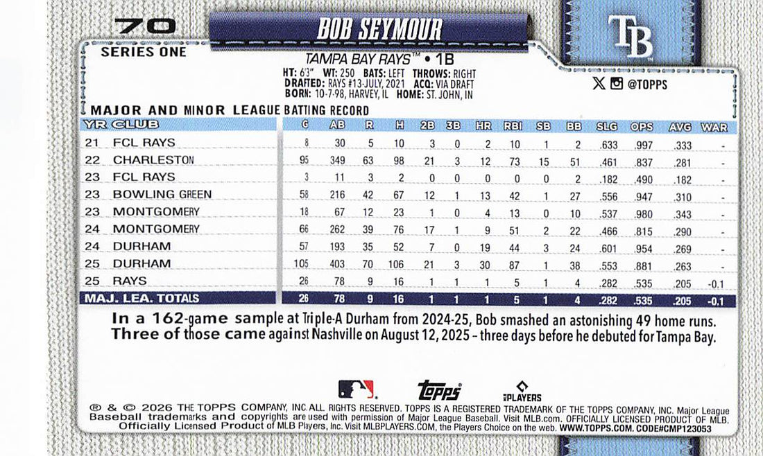 2026 Topps Baseball Bob Seymour #70 Rookie