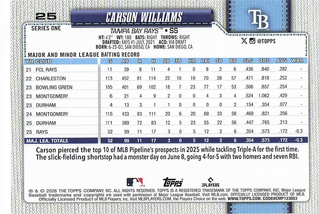 2026 Topps Baseball Carson Williams #25 Rookie