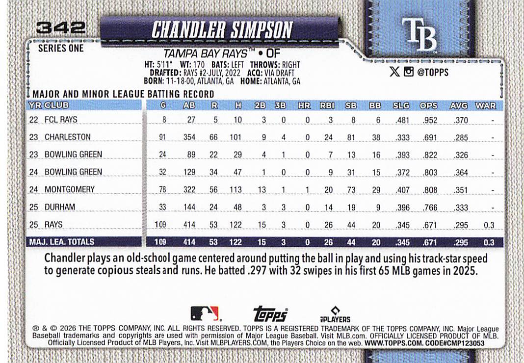 2026 Topps Baseball Chandler Simpson #342