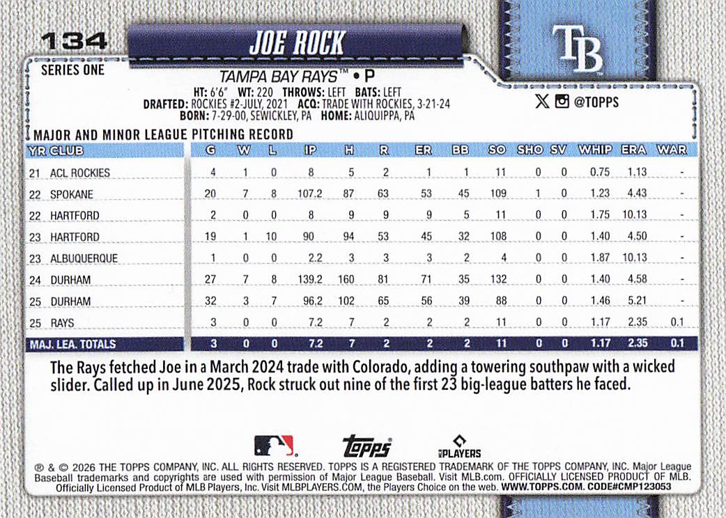 2026 Topps Baseball Joe Rock #134 Rookie