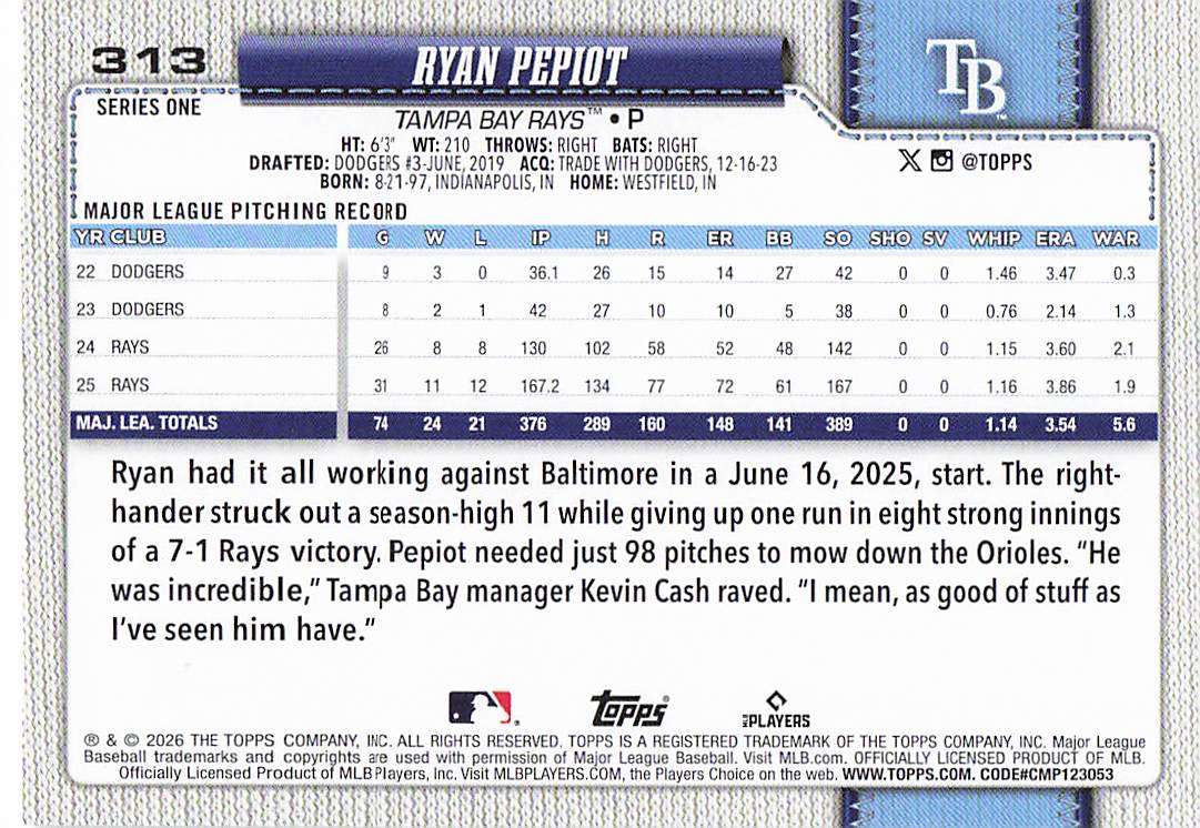 2026 Topps Baseball Ryan Pepiot #313