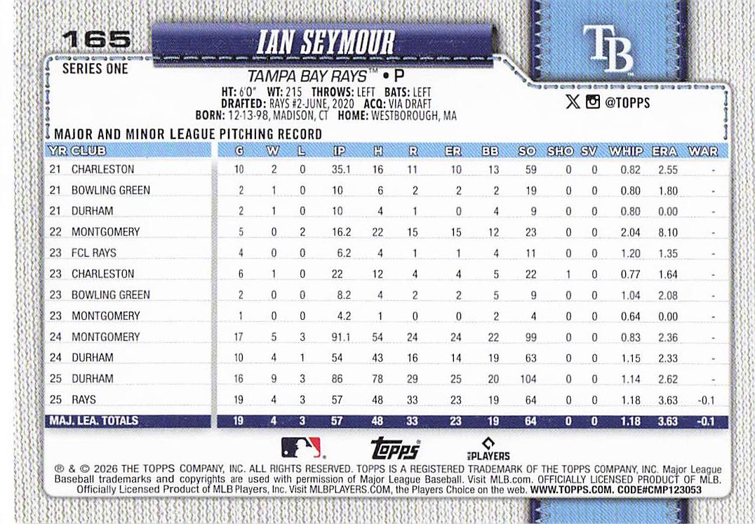 2026 Topps Baseball Ian Seymour #165 Rookie