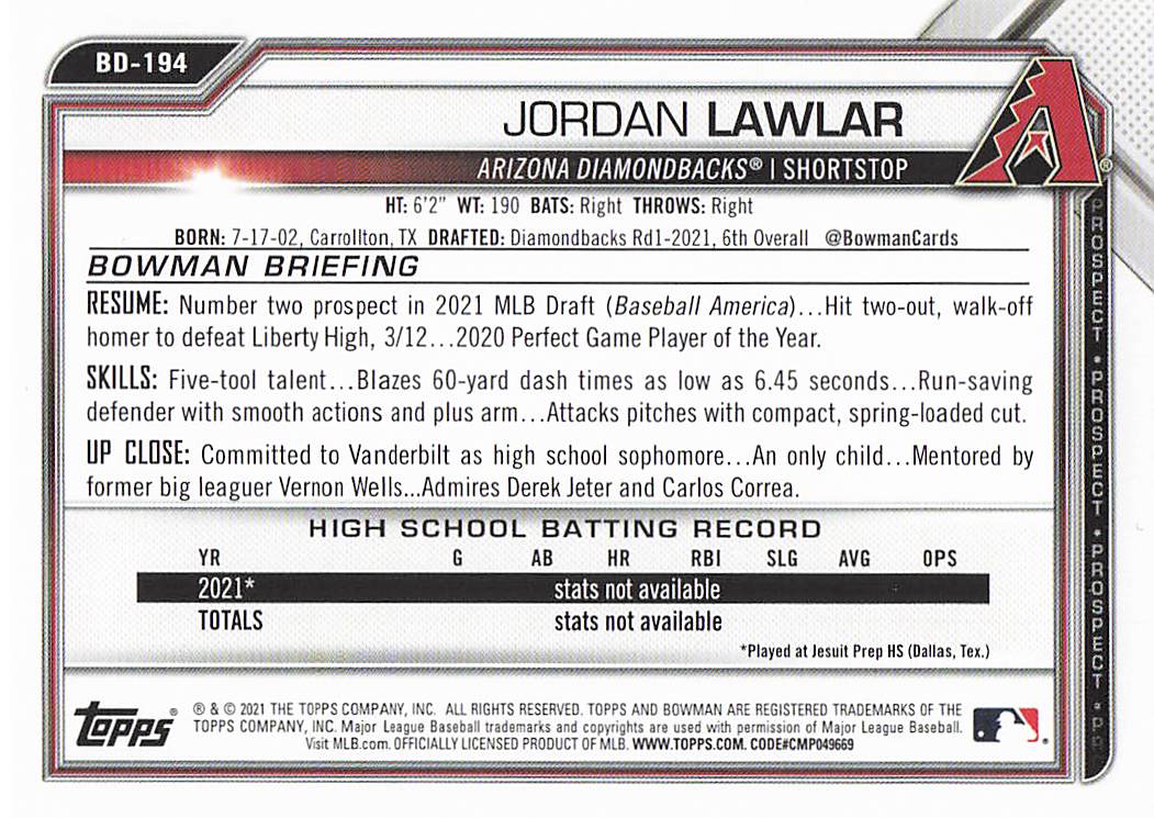 2021 Bowman Draft Baseball Jordan Lawlar #BD-194