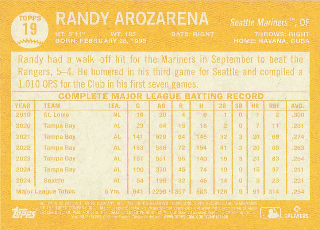 2025 Topps Archives Baseball Randy Arozarena #19