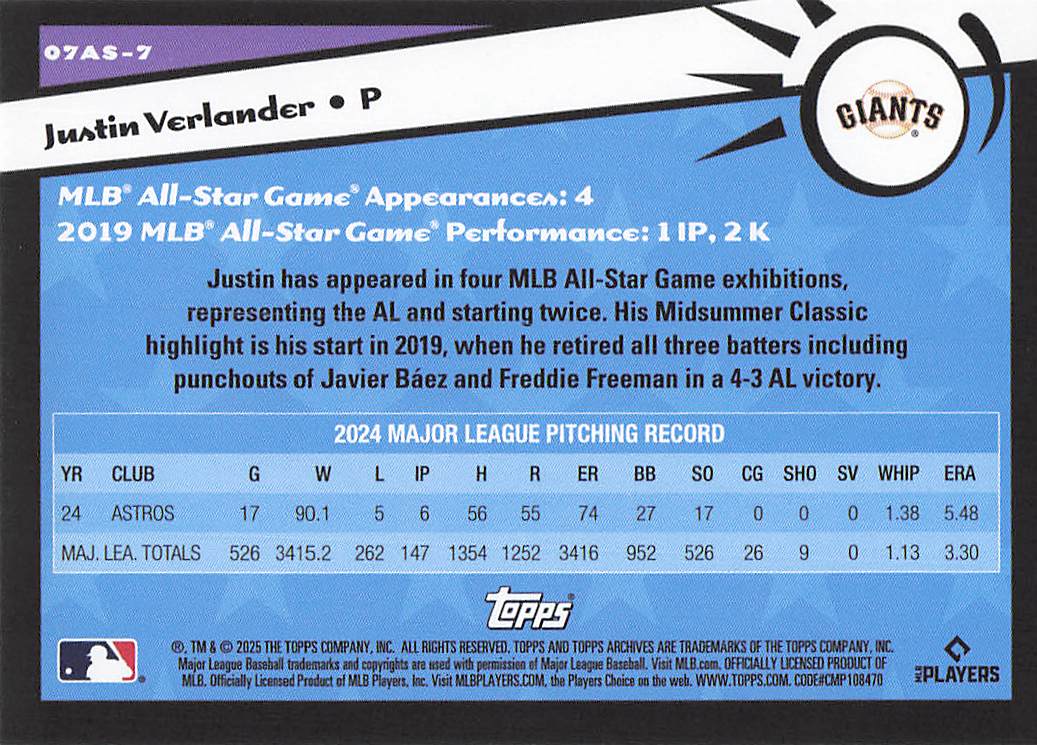 2025 Topps Archives Baseball 2007 Topps All-Stars Justin Verlander #07AS-7