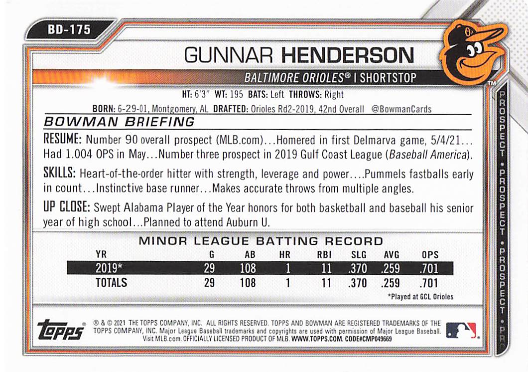 2021 Bowman Draft Baseball Gunnar Henderson #BD-175